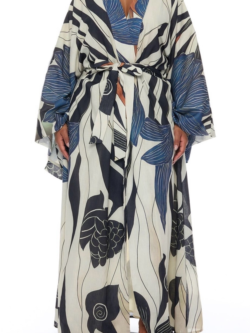 Fashion Nova Cream & Navy Floral Belted Kimono Coat